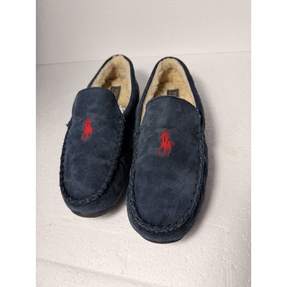 Polo Ralph Lauren Chaise Navy Suede Slippers Red Pony Moccasins Mens Size 9-10